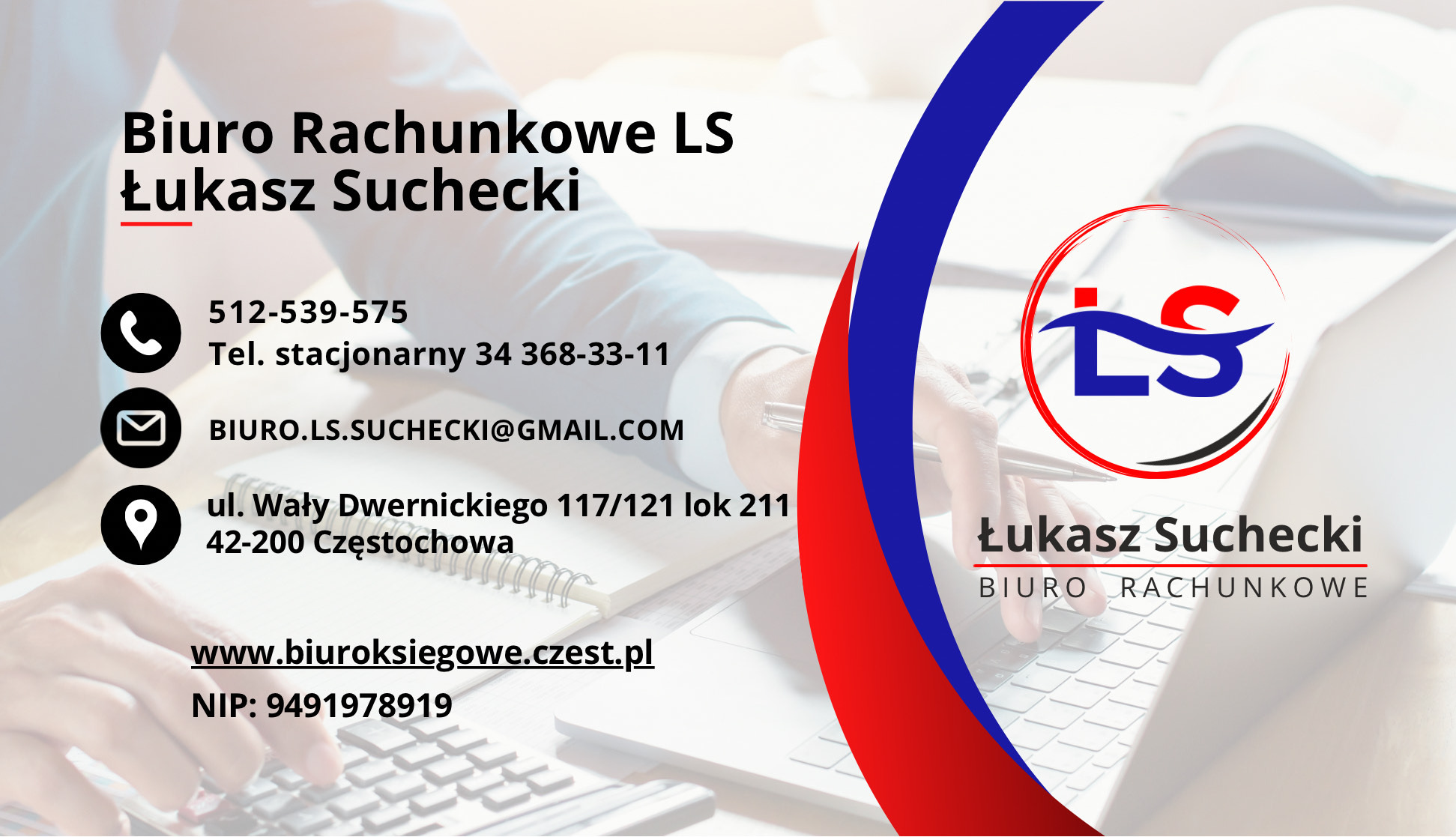 Wizytówka biura rachunkowego Łukasza Sucheckiego z danymi kontaktowymi, logo LS i adresem w Częstochowie na tle laptopa, z akcentami kolorystycznymi.