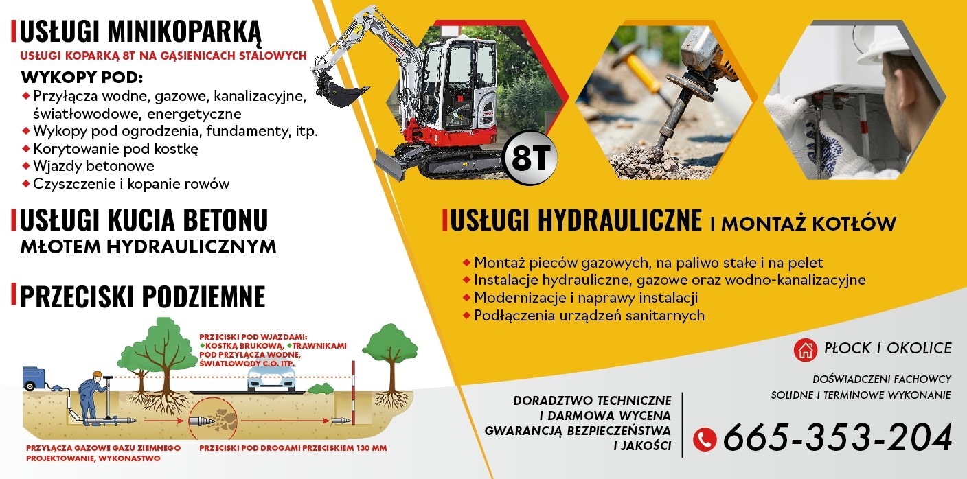 Żółto-biały baner reklamowy usług minikoparką 8T, kucia betonu młotem hydraulicznym, przecisków podziemnych i usług hydraulicznych z numerem telefonu.