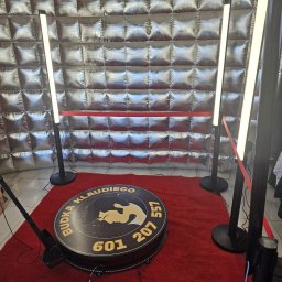 Budkaklaudiego360 - Oświetlona fotobudka 360 na czerwonym dywanie, z srebrnym, pikowanym tłem i numerem telefonu. Budka Klaudiego, gotowa do użycia na imprezie.