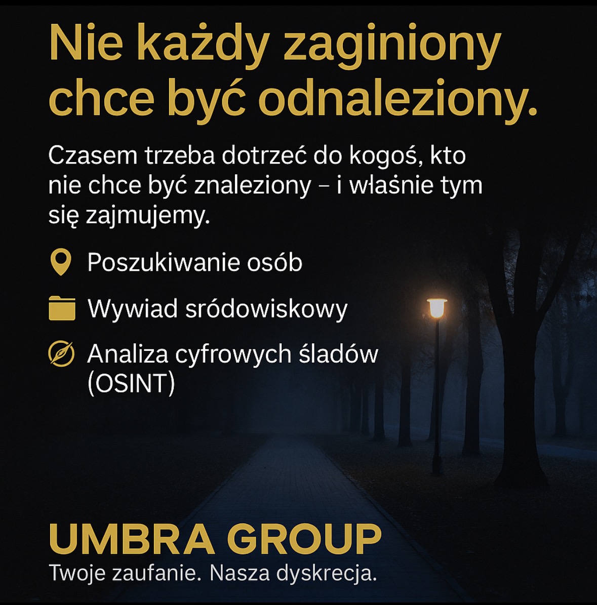 Grafika z hasłem: Nie każdy zaginiony chce być odnaleziony. Oferta usług: poszukiwanie osób, wywiad środowiskowy, analiza cyfrowych śladów (OSINT).