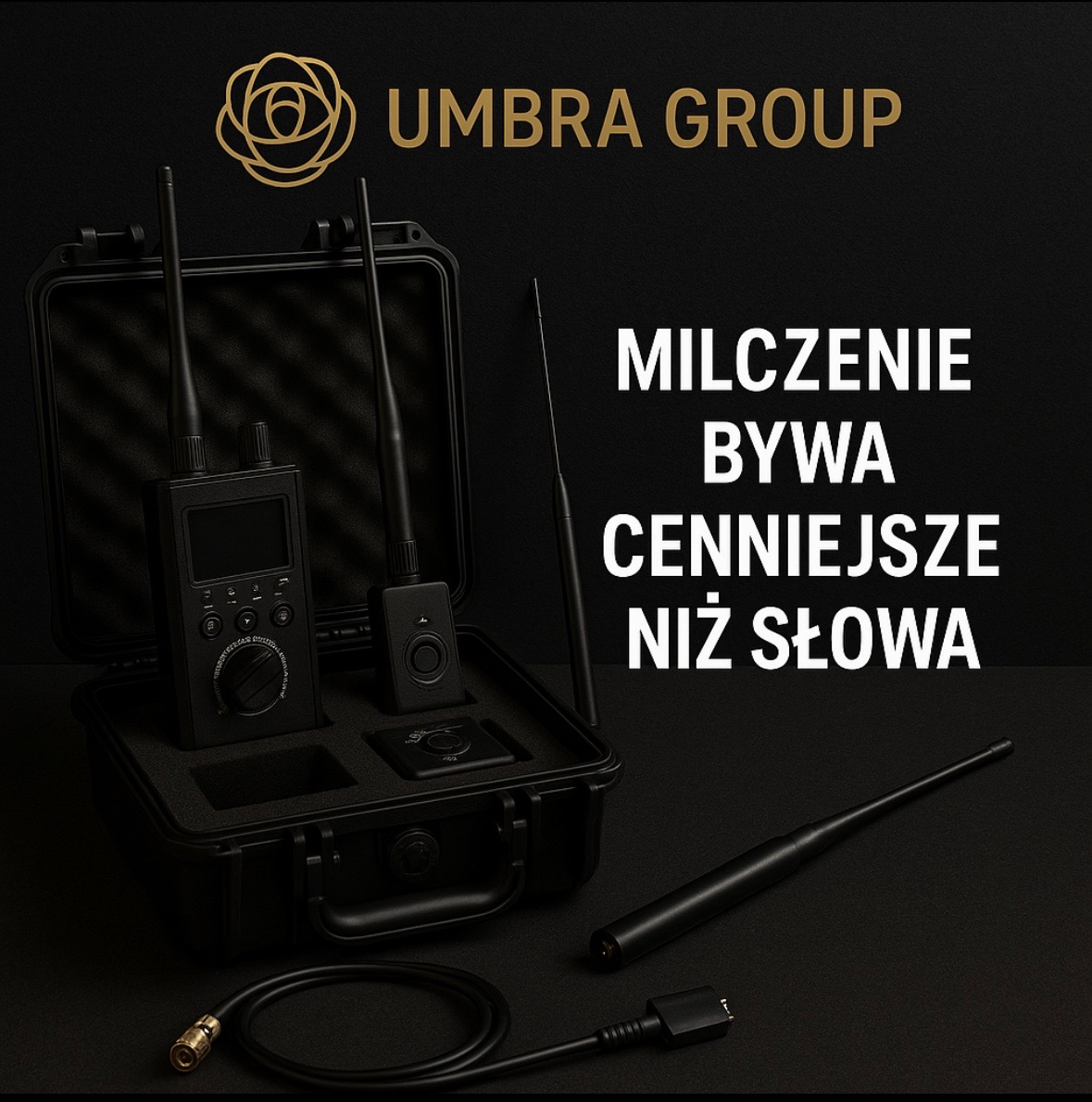 Zestaw urządzeń podsłuchowych Umbra Group w czarnym etui, z antenami i okablowaniem, na ciemnym tle, z hasłem 'Milczenie bywa cenniejsze niż słowa'.