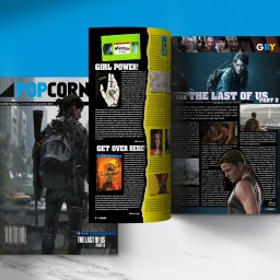 BeePC Ewelina Cholewińska - Okładka magazynu POPCORNER z motywem gry The Last of Us Part II. W tle widoczna Ellie z plecakiem i bronią, na tle zurbanizowanego krajobrazu.