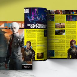 BeePC Ewelina Cholewińska - Rozłożony magazyn POPCORNER z okładką i artykułem o grze Cyberpunk 2077, prezentujący kadry z gry i recenzje. Widoczne logotypy platform.