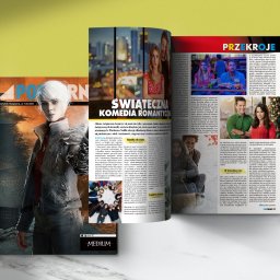 BeePC Ewelina Cholewińska - Okładka magazynu POPCORNER z grafiką postaci z gry wideo i artykułami o filmach świątecznych, w tym o komediach romantycznych na Netflix.