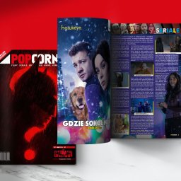 BeePC Ewelina Cholewińska - Okładka magazynu POPCORNER z motywem 'Hawkeye' i 'Batman'. Widoczne postacie z serialu, logo magazynu i tytuły artykułów. Czerwono-czarna kolorystyka.