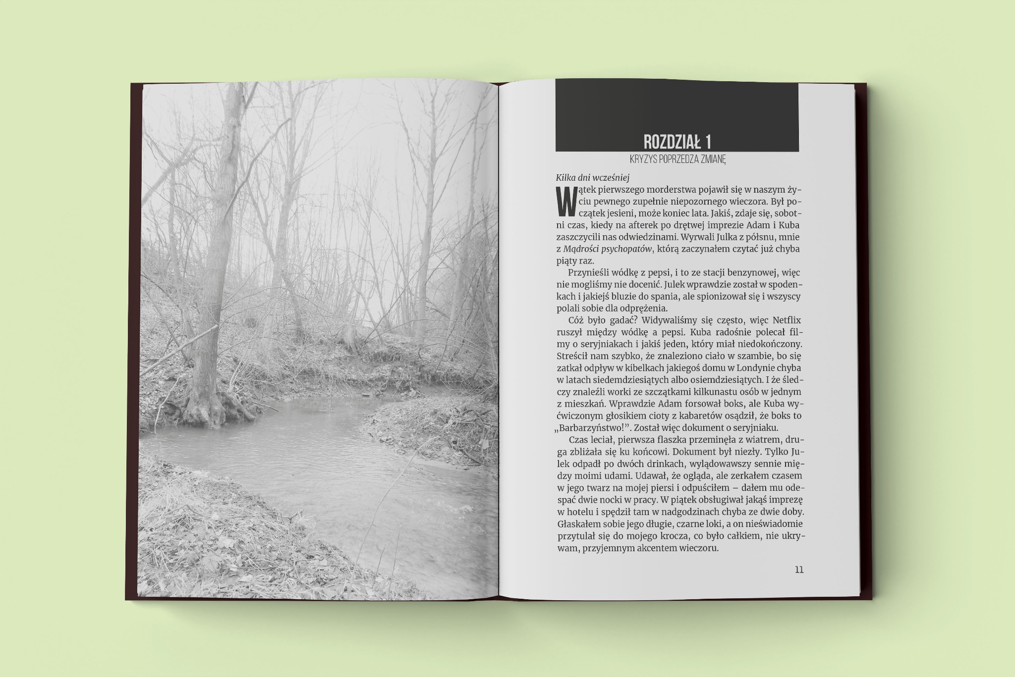 Otwarta książka „Ostatni Dom” Agaty Kasiak leżąca na stole. Po lewej stronie widoczna ilustracja rzeki. Po prawej stronie tekst rozdziału pierwszego.