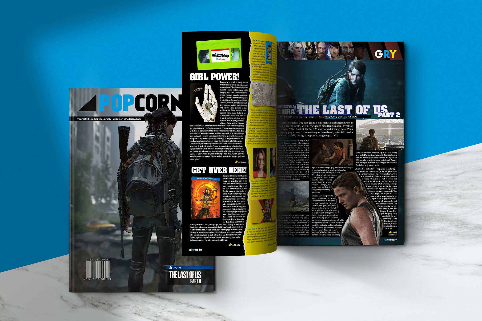 Okładka magazynu POPCORNER z motywem gry The Last of Us Part II. W tle widoczna Ellie z plecakiem i bronią, na tle zurbanizowanego krajobrazu.