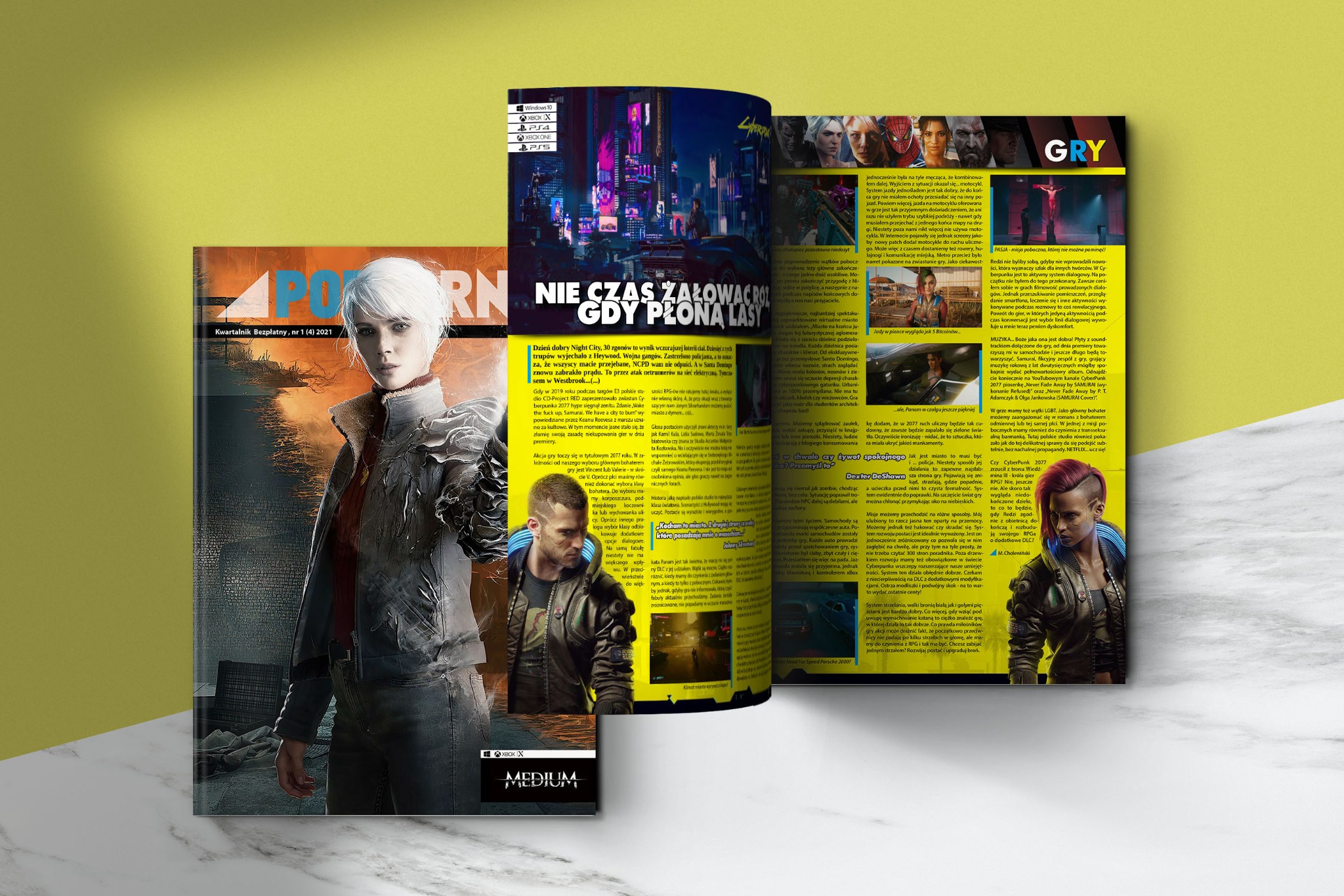Rozłożony magazyn POPCORNER z okładką i artykułem o grze Cyberpunk 2077, prezentujący kadry z gry i recenzje. Widoczne logotypy platform.