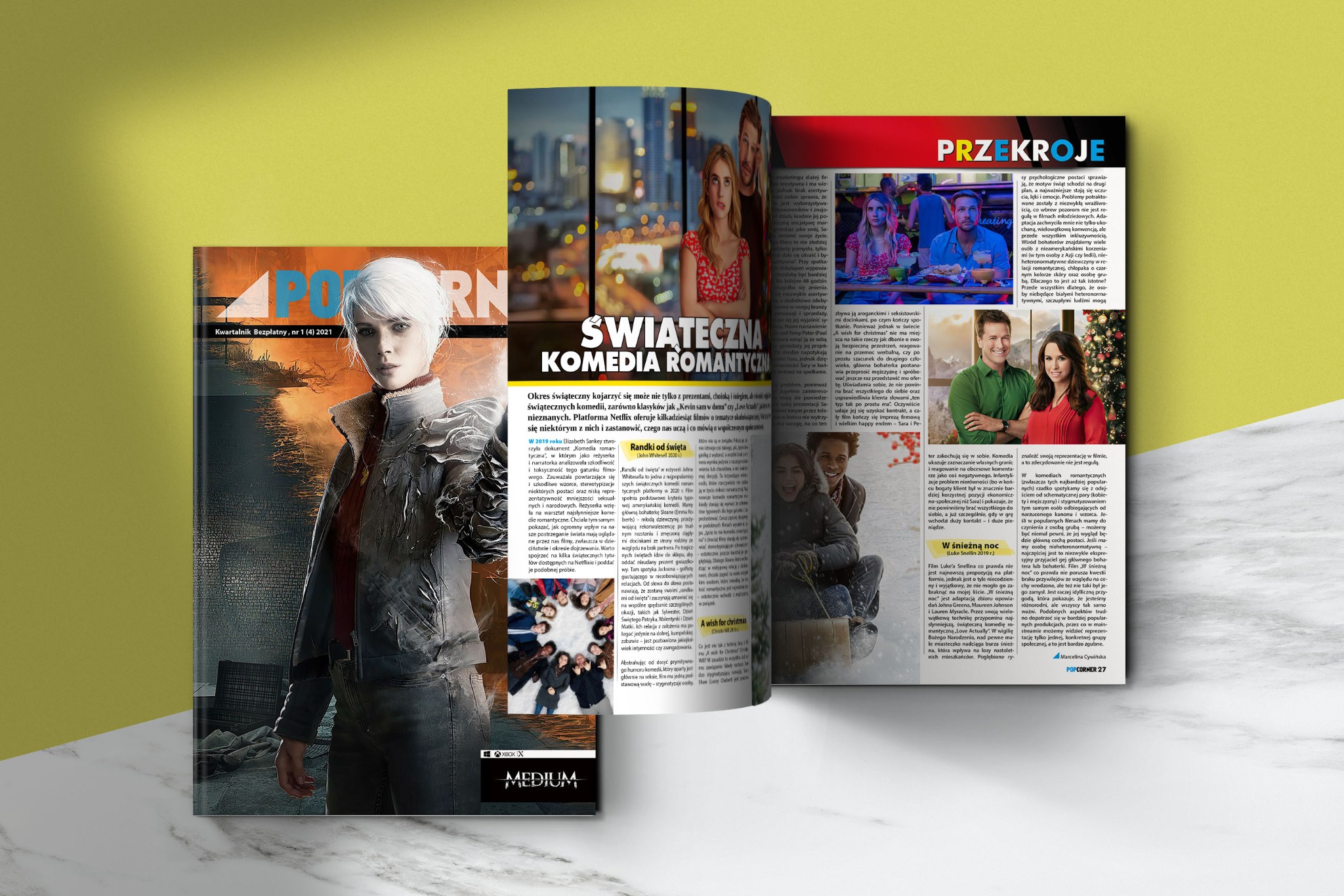 Okładka magazynu POPCORNER z grafiką postaci z gry wideo i artykułami o filmach świątecznych, w tym o komediach romantycznych na Netflix.
