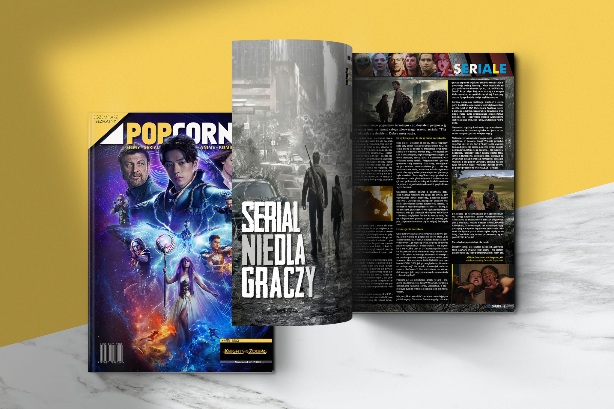 Rozkładówka magazynu POPCORNER: okładka z grafiką serialu fantasy i artykuł o serialu 'The Last of Us' z kadrami z gry i serialu. Tekst w języku polskim.
