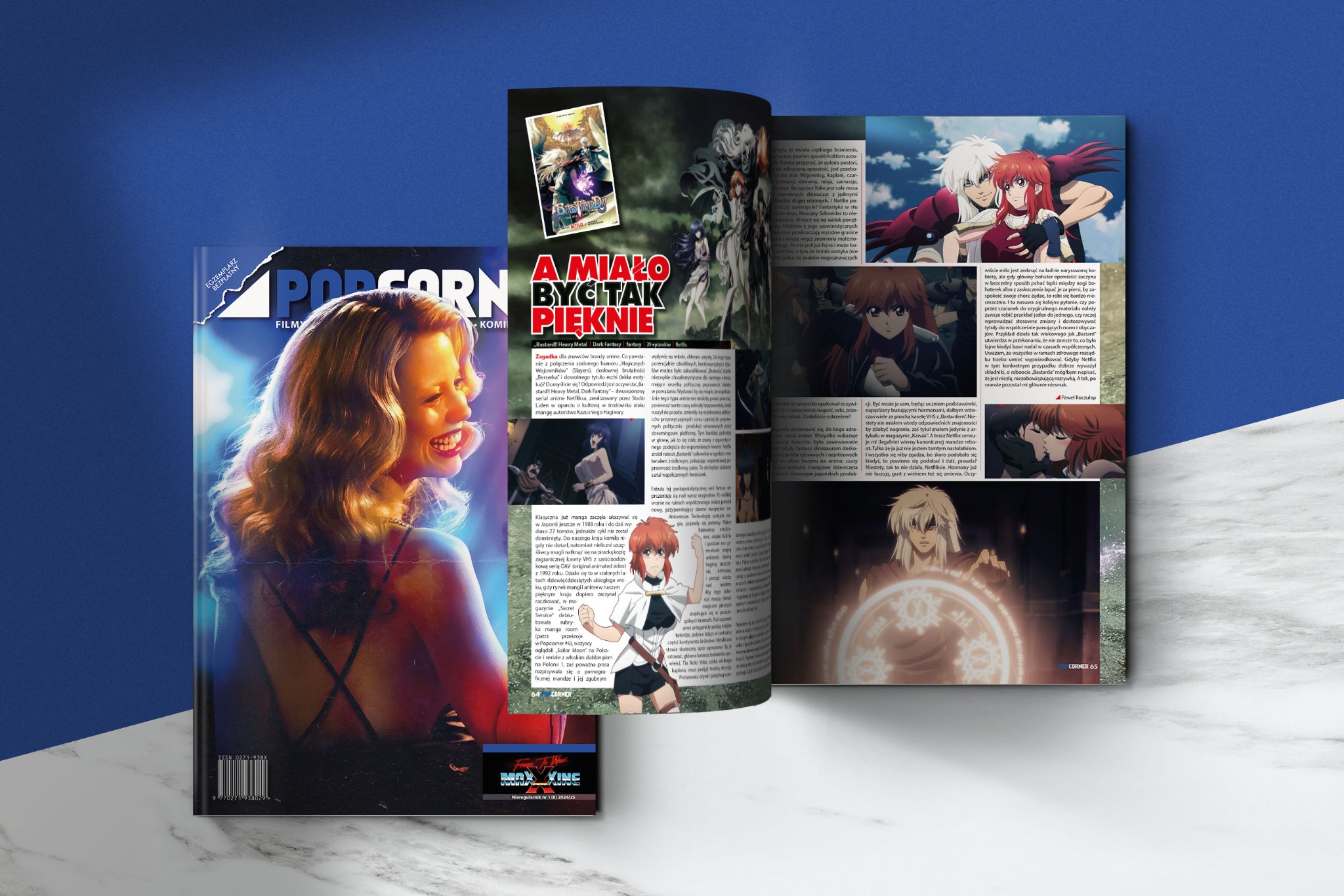 Magazyn 'Popcorner' otwarty na stronie z recenzją anime 'Bastard!! Heavy Metal, Dark Fantasy'. Widoczna okładka z kobietą i logo magazynu.