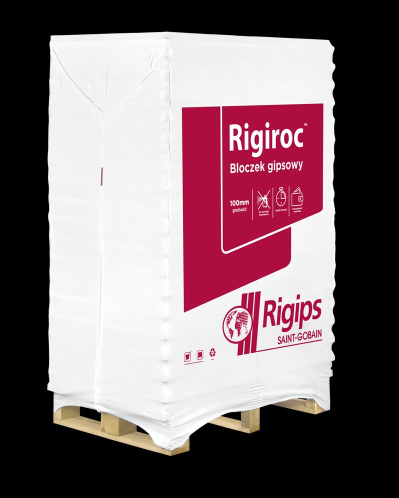 Paleta zafoliowanych bloczków gipsowych Rigiroc 100mm, z widocznym logo Rigips Saint-Gobain, gotowych do montażu ścian działowych.