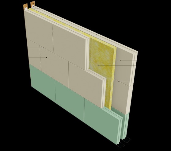 Przekrój ściany z izolacją: płyty gipsowo-kartonowe, wełna mineralna, zielone płyty. Widok z perspektywy, ukazujący warstwową konstrukcję.