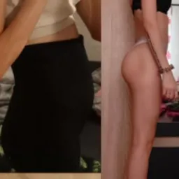 Efekt treningu: zdjęcie 'przed i po' z widoczną poprawą sylwetki kobiety. Zredukowany obwód brzucha i wymodelowane pośladki. Ujęcie w neutralnym oświetleniu.