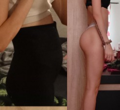 Efekt treningu: zdjęcie 'przed i po' z widoczną poprawą sylwetki kobiety. Zredukowany obwód brzucha i wymodelowane pośladki. Ujęcie w neutralnym oświetleniu.