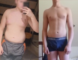 Transformacja sylwetki w Lublinie: zdjęcie przed i po redukcji tkanki tłuszczowej, widoczna poprawa definicji mięśni i zniwelowanie lipomastii u mężczyzny.