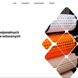 Logostrona - Nowoczesna strona główna PolyNetPro z logo, menu, nagłówkiem 'Producent profesjonalnych siatek z tworzyw sztucznych' i listą produktów. Po prawej grafika z rolkami siatek ogrodzeniowych i geosiatkami.