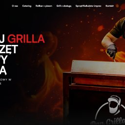 Logostrona - Projekt strony internetowej 'Pan Grillowy' z dynamicznym tłem ognia, przedstawiający kucharza przy grillu, z czytelnym menu i hasłem 'WYNAJMIJ GRILLA'.
