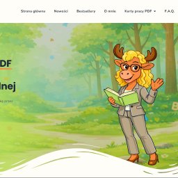 Logostrona - Kreskówkowa postać łosia w okularach i garniturze, trzymająca książkę, na stronie internetowej promującej karty pracy PDF dla edukacji wczesnoszkolnej.