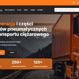 Logostrona - Zrzut ekranu strony głównej firmy 'WFT Pneumatyka' z pomarańczową ciężarówką w tle, nagłówkiem o regeneracji układów pneumatycznych, przyciskami CTA i sekcją statystyk.