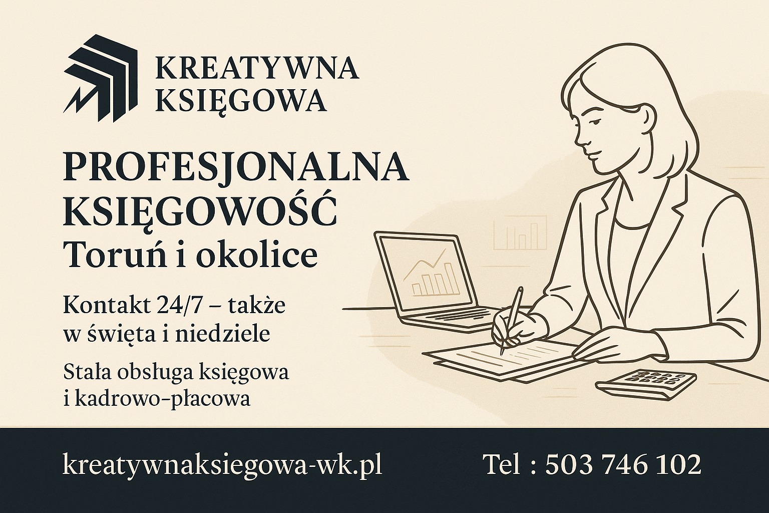 Ilustracja: Księgowa w pracy, laptop z wykresem, kalkulator, Toruń. Kontakt 24/7. Stala obsługa kadrowo-płacowa. Kreatywna księgowa - wk.pl, tel: 503 746 102.