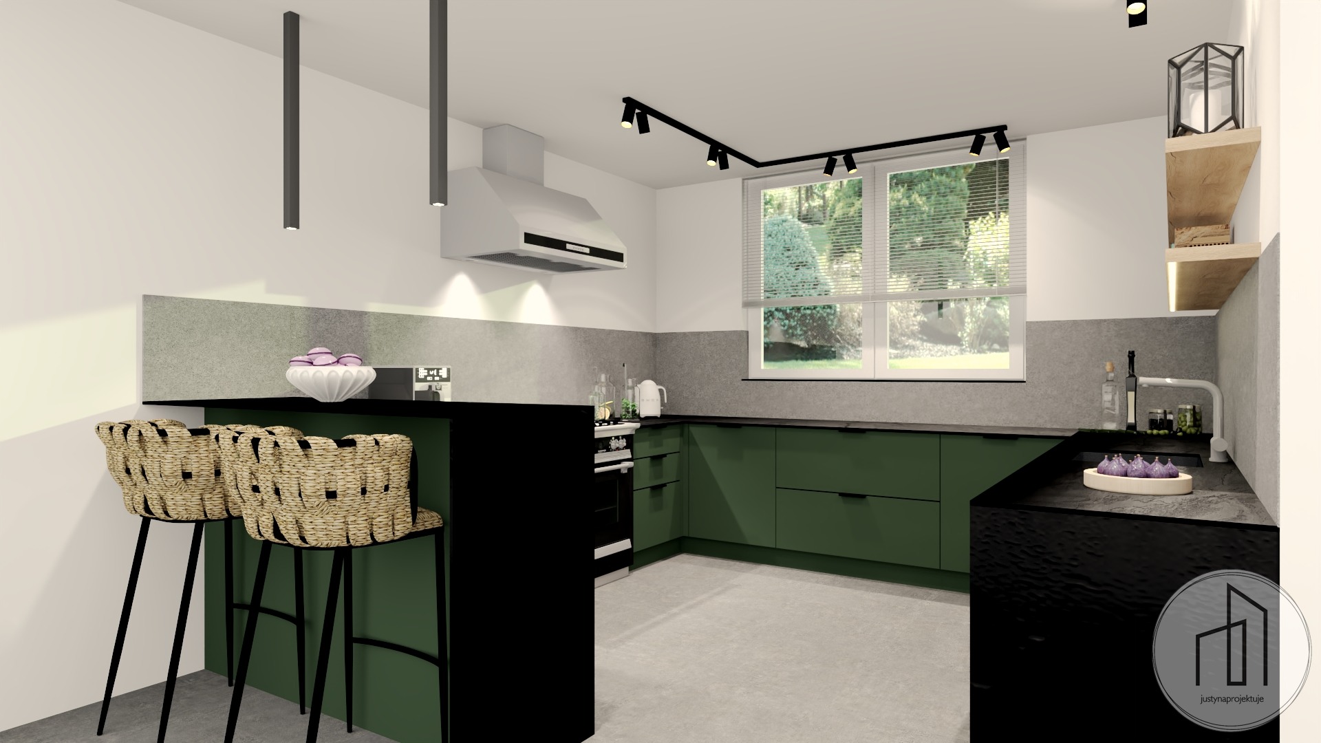 Wizualizacja kuchni z zielonymi szafkami, czarnym blatem i barkiem. Dwa plecione krzesła barowe, szare płytki na ścianie i oświetlenie punktowe.