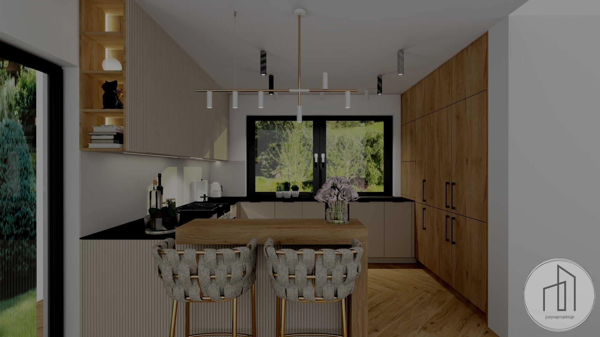 Nowoczesna kuchnia z wyspą i krzesłami barowymi w Chorzowie. Jasne fronty szafek, drewniane akcenty i duże okno z widokiem na zieleń.
