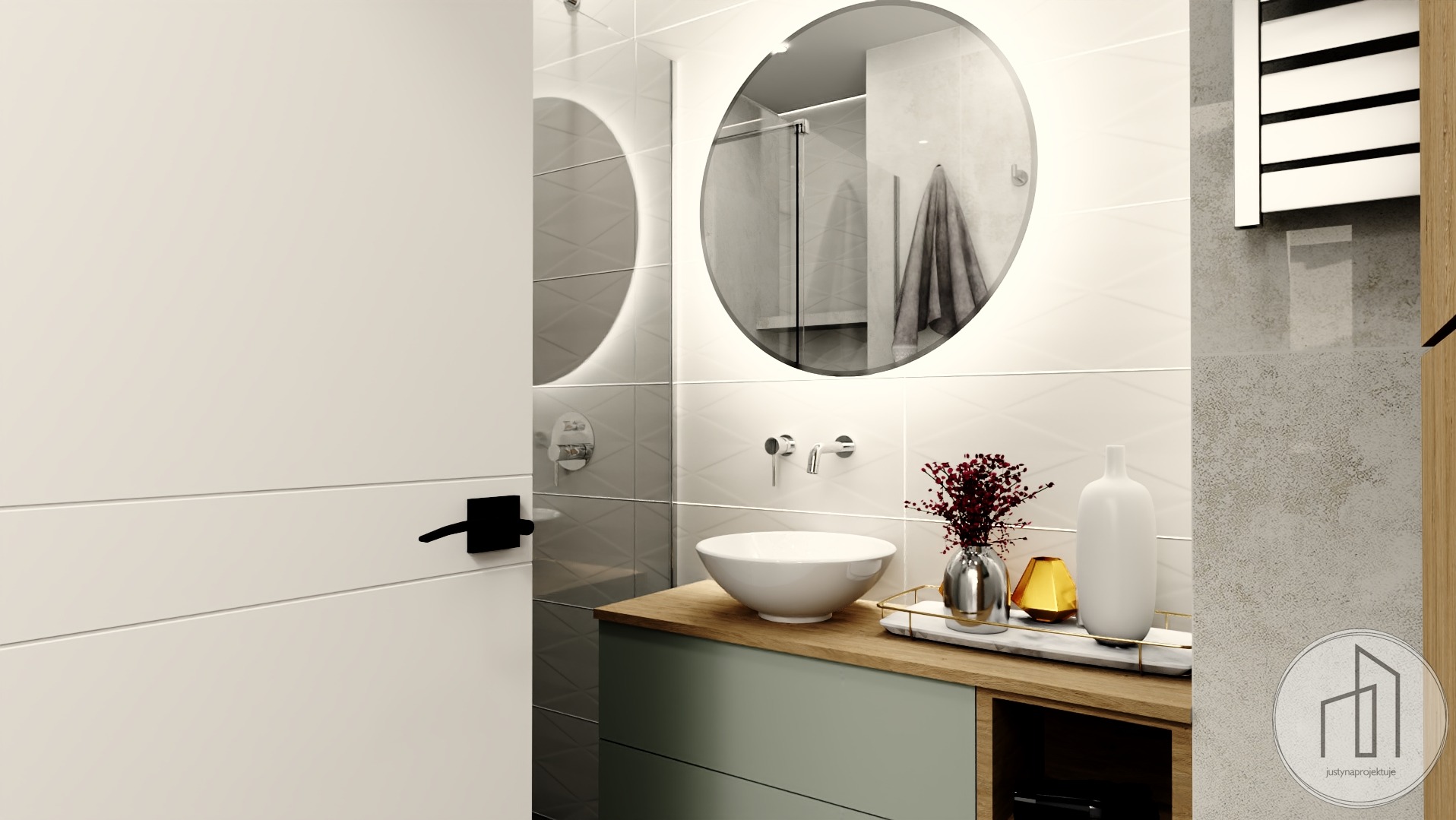 Nowoczesna łazienka z okrągłymi lustrami podświetlanymi LED, umywalką nablatową i drewnianym blatem. Minimalistyczny design, jasne płytki i akcenty dekoracyjne.