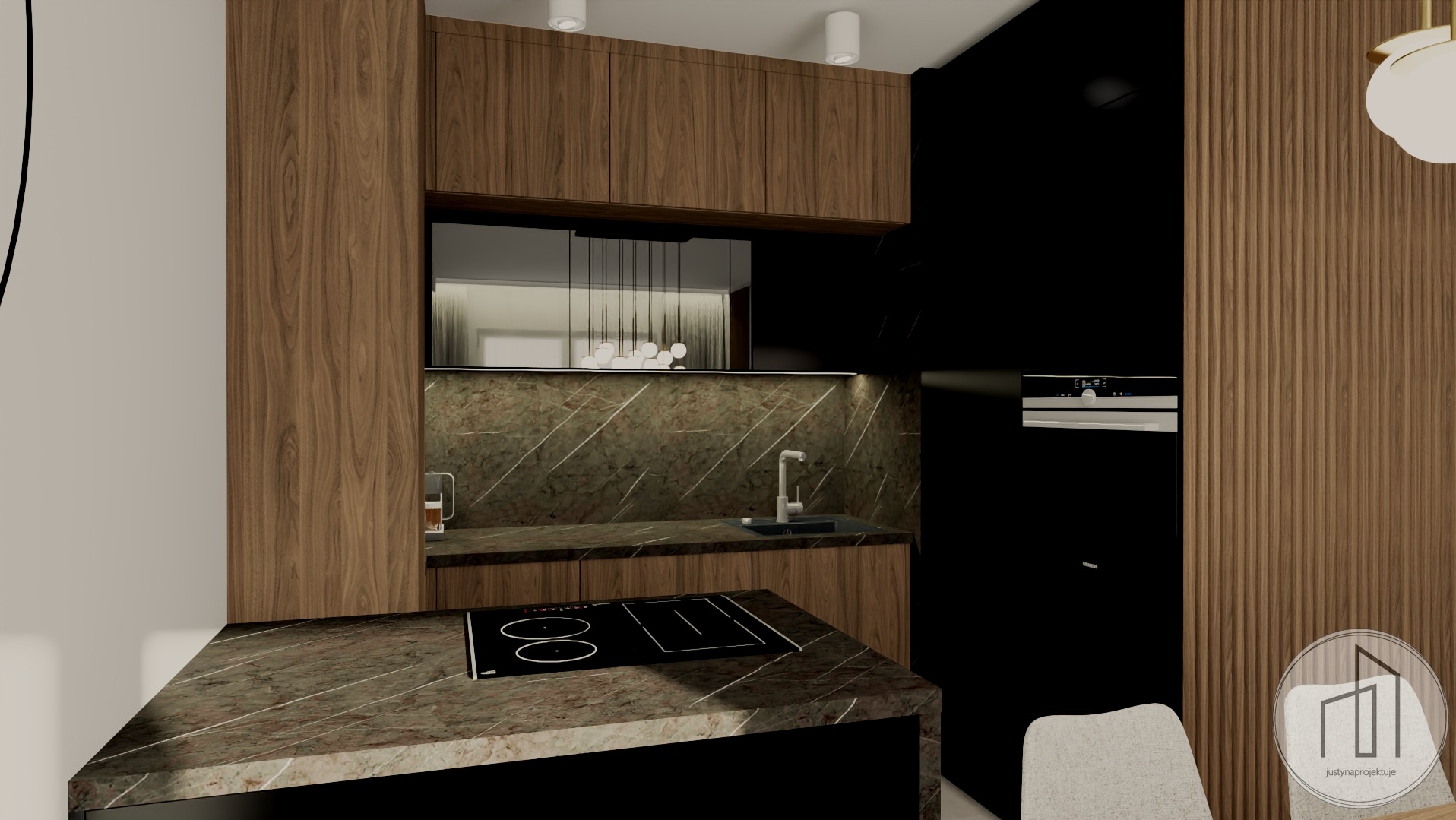 Nowoczesna kuchnia z drewnianymi szafkami, marmurowym blatem i czarnymi elementami. Widoczny zlew, płyta indukcyjna i piekarnik w zabudowie. Oświetlenie punktowe.