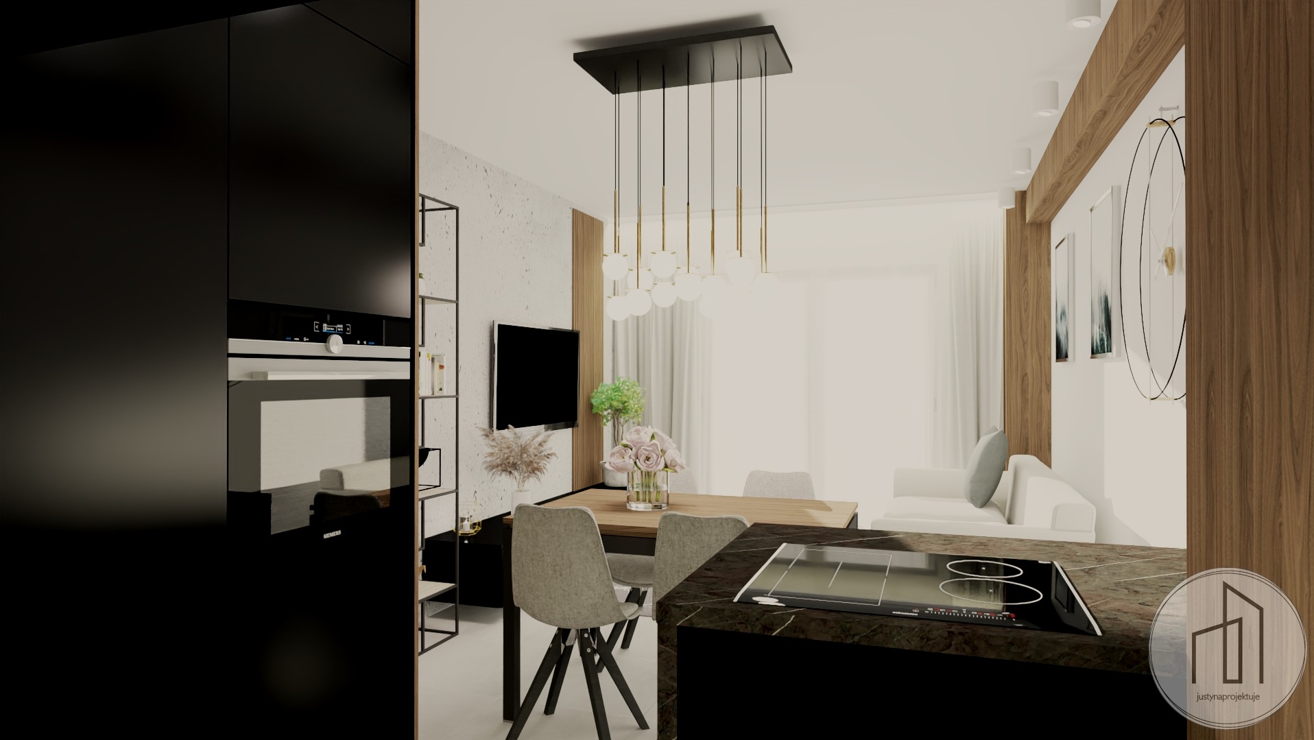 Wnętrze: nowoczesna kuchnia z wyspą i marmurowym blatem, jadalnia z drewnianym stołem i krzesłami, salon z białą sofą. Całość w jasnych, stonowanych barwach.