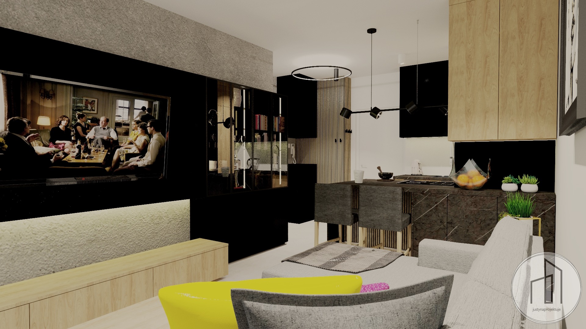 Wizualizacja wnętrza: salon z aneksem kuchennym w nowoczesnym stylu. Czarna zabudowa, drewniane akcenty, telewizor z wyświetlanym filmem, szara sofa z żółtym akcentem.