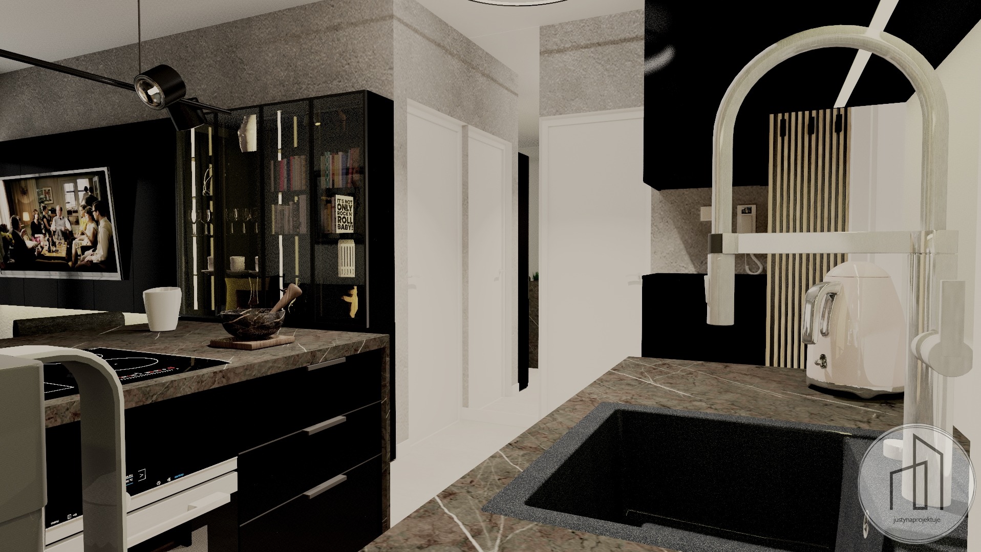 Nowoczesna kuchnia z czarnymi szafkami, blatem z efektem marmuru i szklaną witryną. Widoczny zlew, bateria i czajnik. Minimalistyczny design z oświetleniem punktowym.