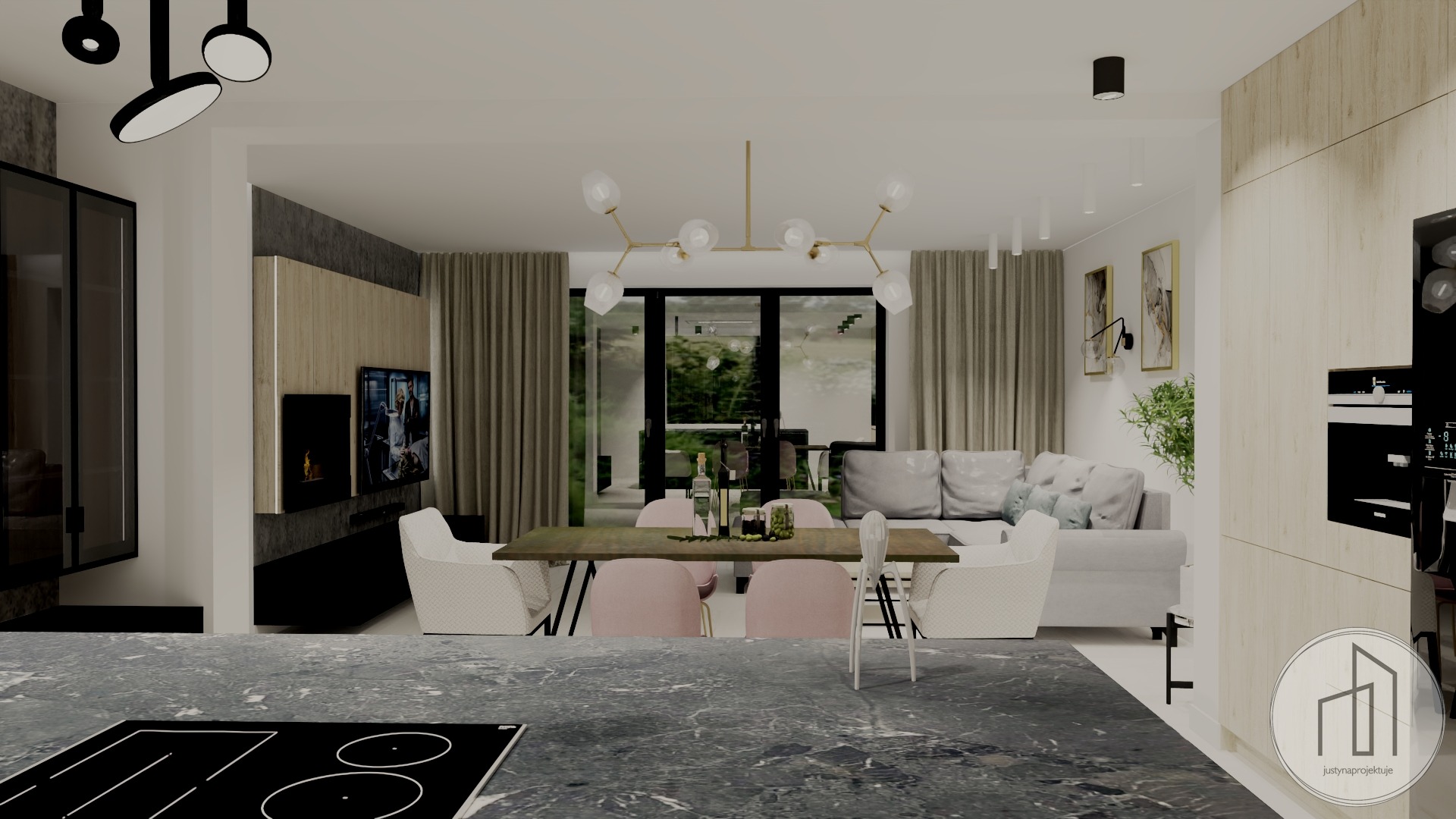 Wnętrze salonu z jadalnią w neutralnej kolorystyce. Widok z perspektywy blatu kuchennego na stół z krzesłami, sofę i przeszklone drzwi balkonowe. Nowoczesne oświetlenie.