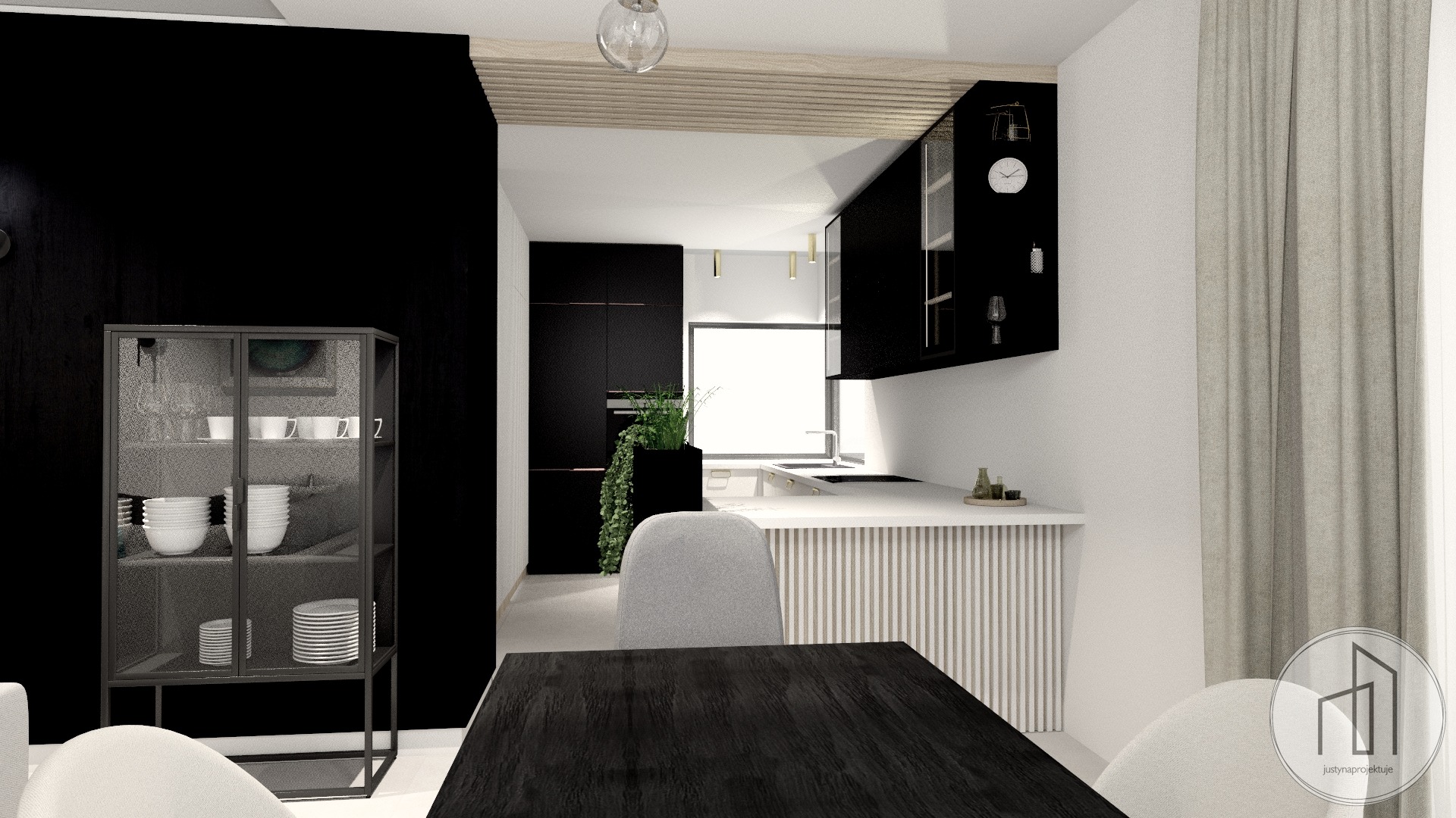 Wnętrze kuchni z czarnymi szafkami, białym blatem z pionowymi żłobieniami i szklaną witryną. Minimalistyczny design z drewnianymi akcentami i roślinami.