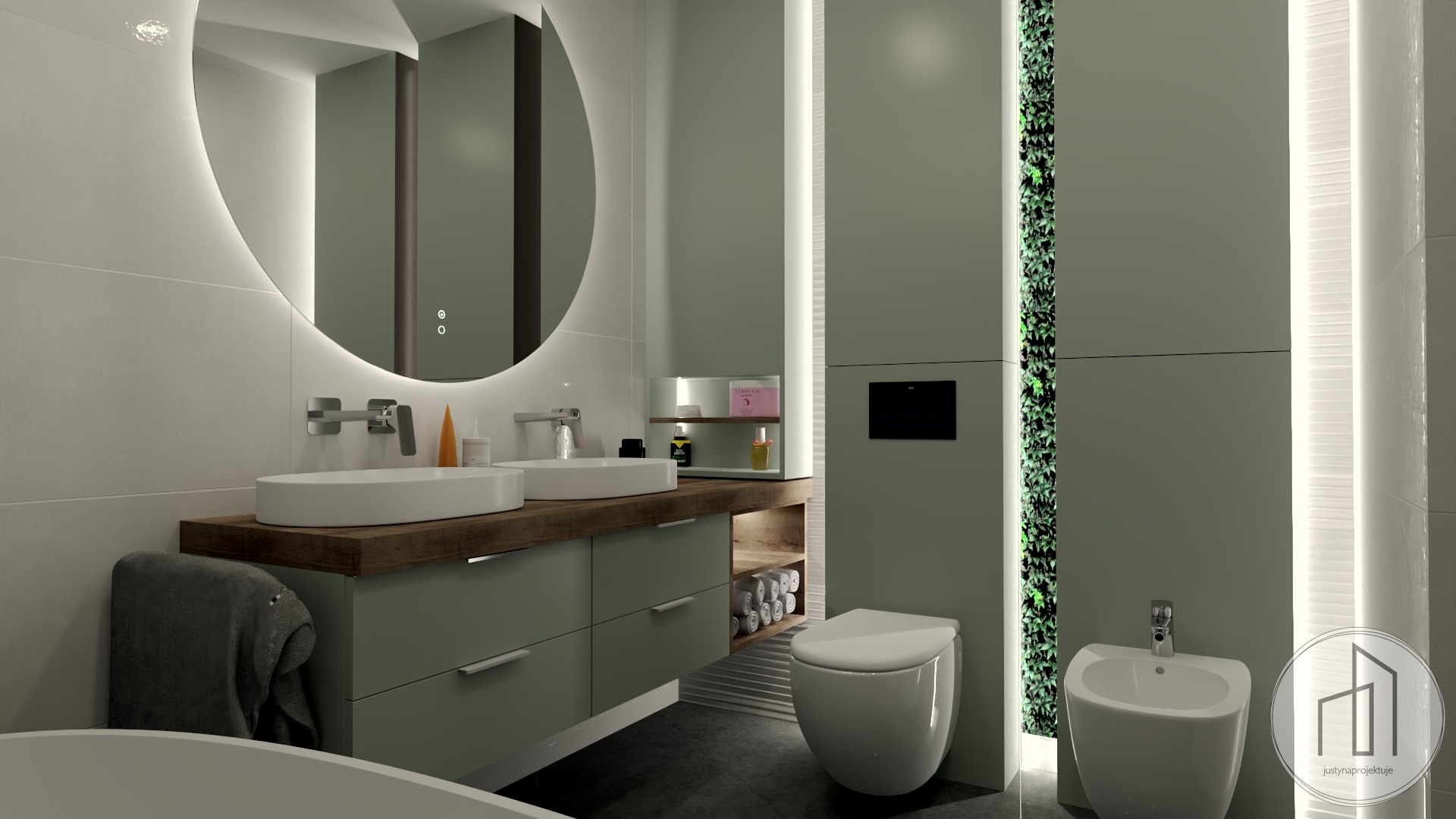 Nowoczesna łazienka w odcieniach zieleni z okrągłym lustrem podświetlanym LED, drewnianym blatem i pionowym panelem z roślinami. Minimalistyczny design.