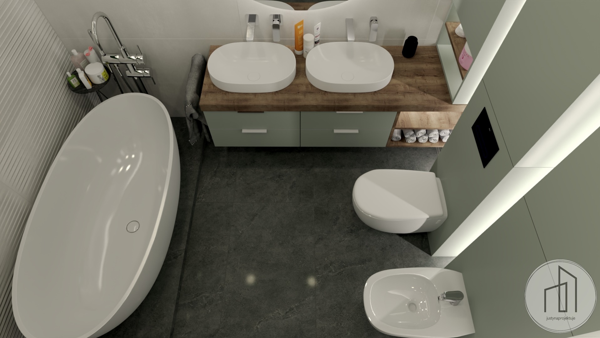 Nowoczesna łazienka z drewnianym blatem pod umywalki, wolnostojącą wanną i szarą podłogą. Minimalistyczny design z oświetleniem LED i akcesoriami.