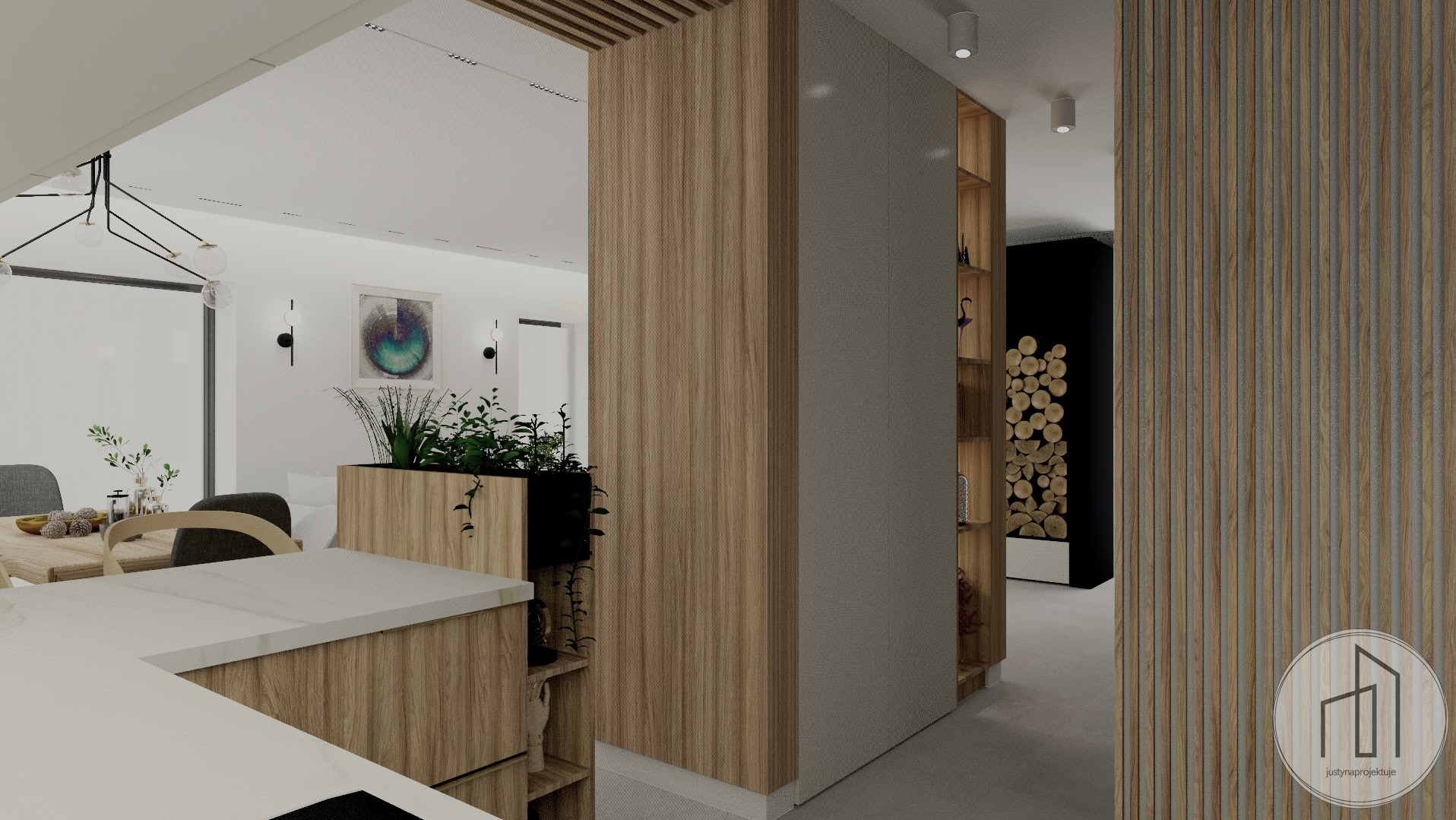 Nowoczesne wnętrze z drewnianą zabudową, roślinami w donicach i minimalistycznym oświetleniem. Widoczna część blatu kuchennego i dekoracyjna ściana z lamelami.