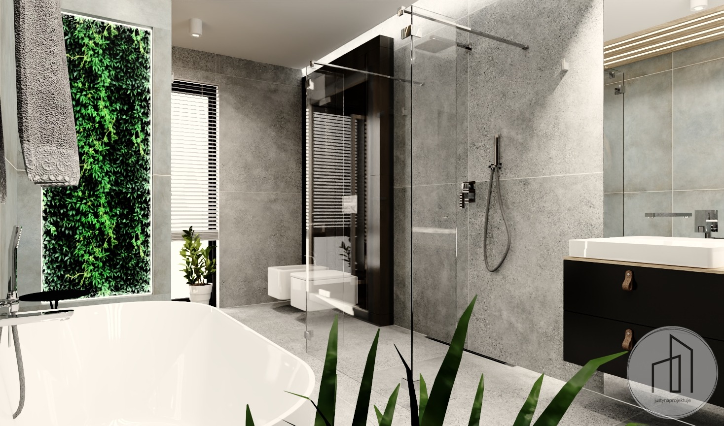 Nowoczesna łazienka z wanną, szklaną kabiną prysznicową i pionową zieloną ścianą. Minimalistyczny design, szare płytki, czarne szafki pod umywalką, roślina w doniczce.