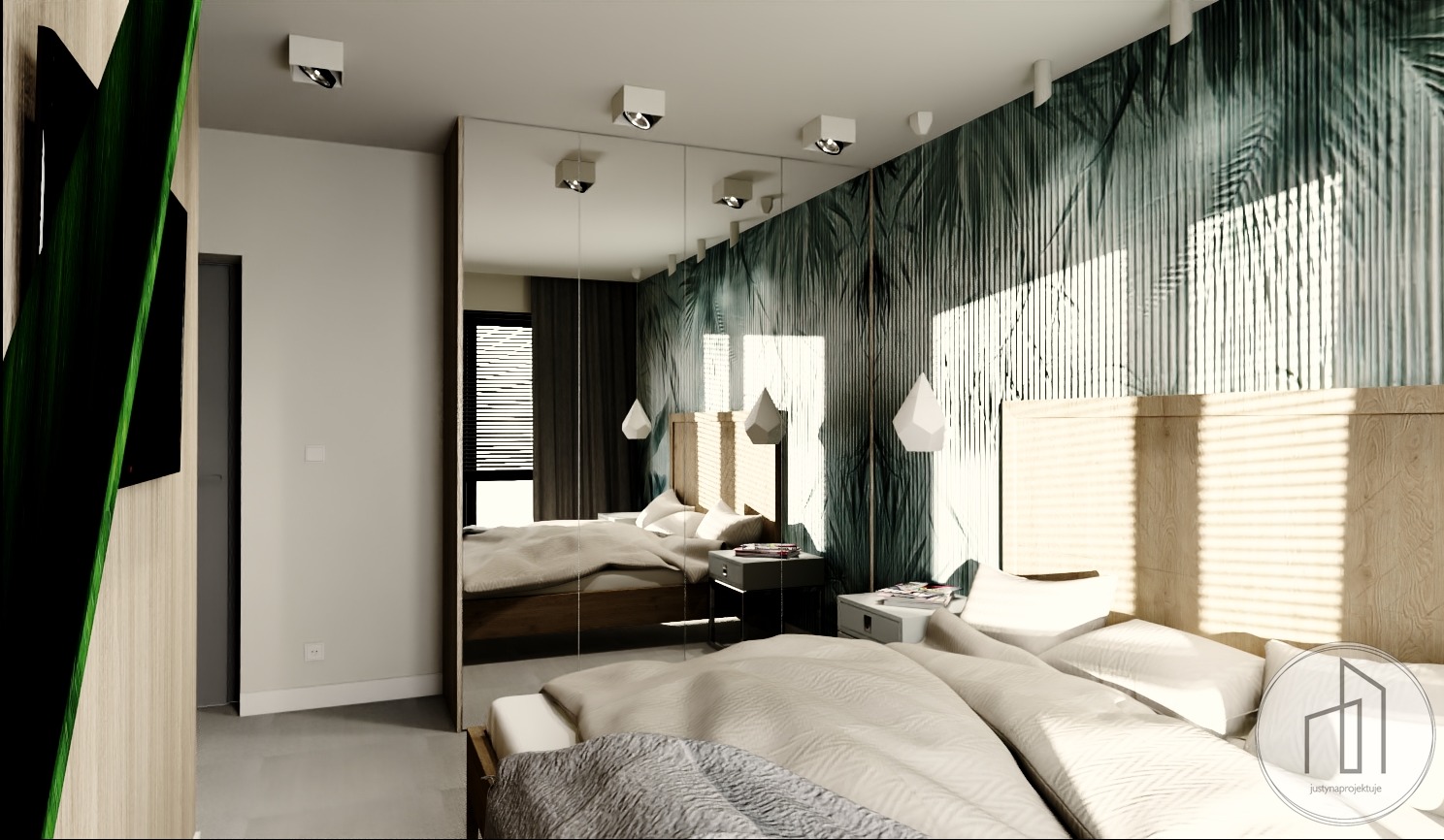 Nowoczesna sypialnia z łóżkiem, tapetą w liście i lustrzaną szafą. Geometryczne lampy wiszące. Widok odbity w lustrze ukazuje okno z żaluzjami.