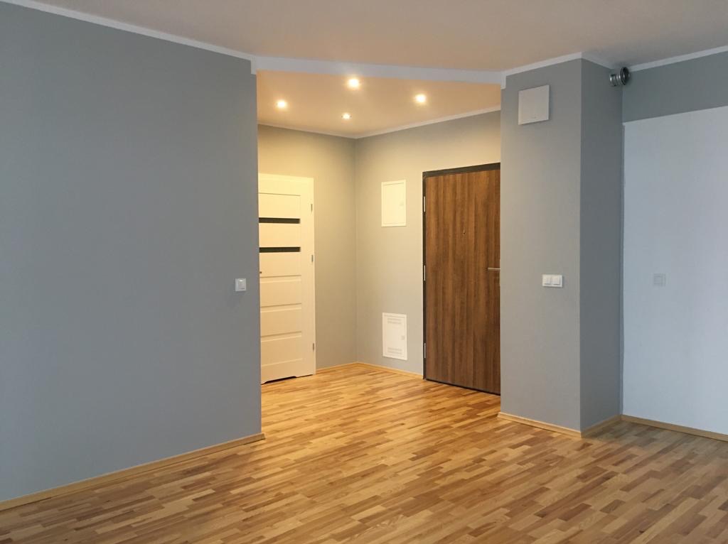 Jasne, szare ściany i parkiet w nowym mieszkaniu. Widoczne drzwi wejściowe i wewnętrzne. Minimalistyczny styl wykończenia wnętrz, świeżo po remoncie.