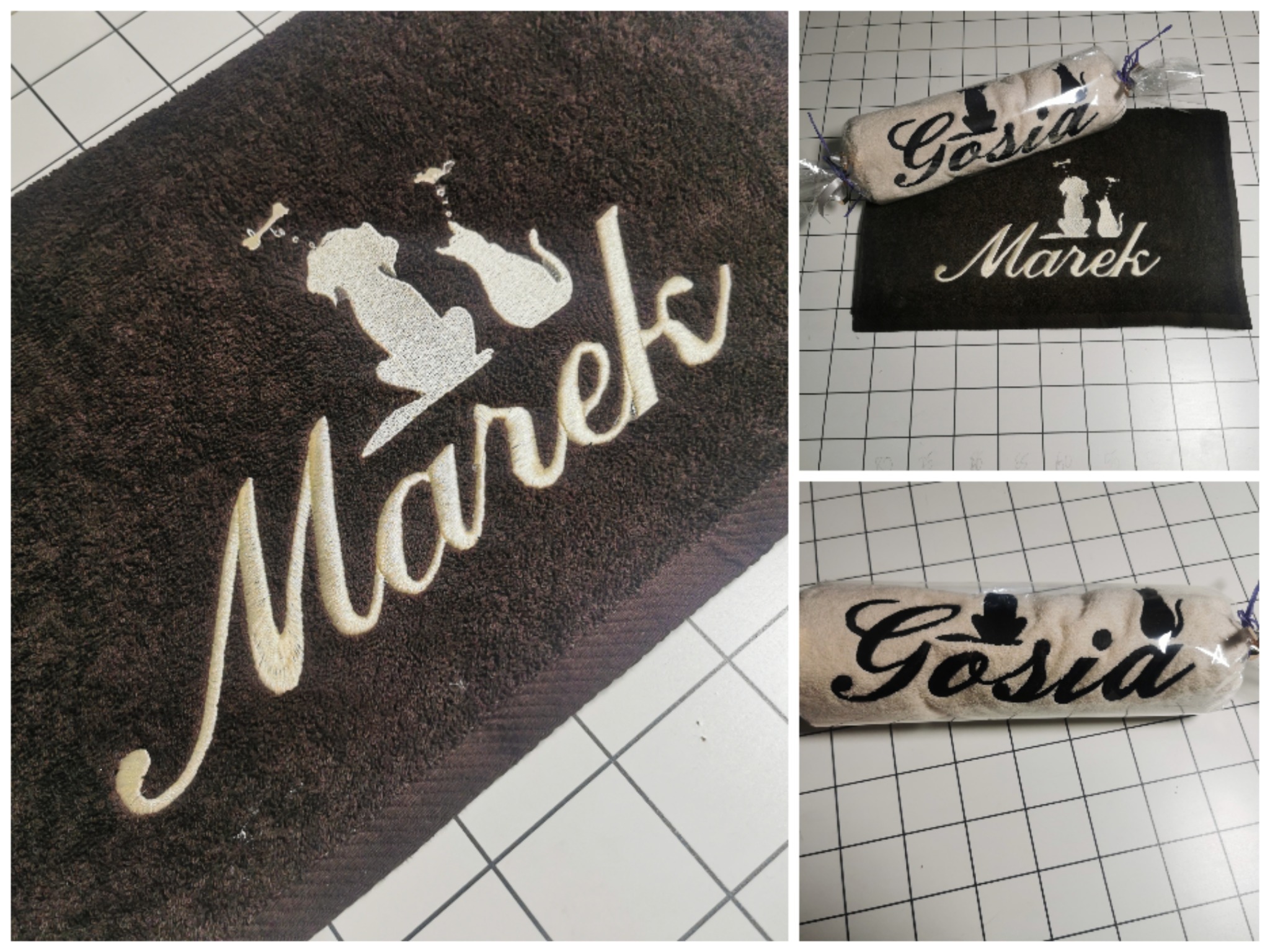 Brązowy ręcznik z haftem imienia 'Marek' i sylwetkami psa i kota, obok zwinięty ręcznik z imieniem 'Gosia', zapakowany w folię. Unikatowe wzory i personalizacja.