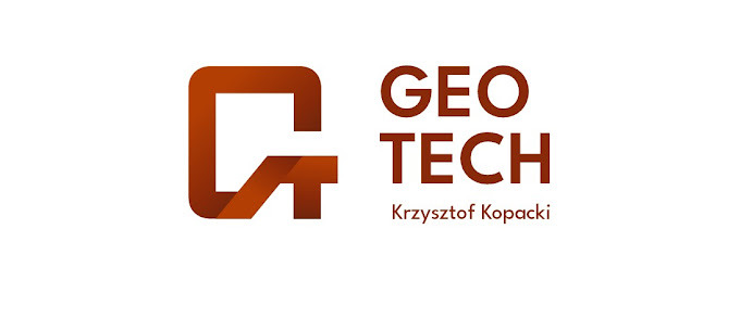 Logo firmy Geo Tech Krzysztof Kopacki w odcieniach brązu. Graficzny znak firmowy z nazwą firmy i imieniem i nazwiskiem właściciela. Minimalistyczny design.