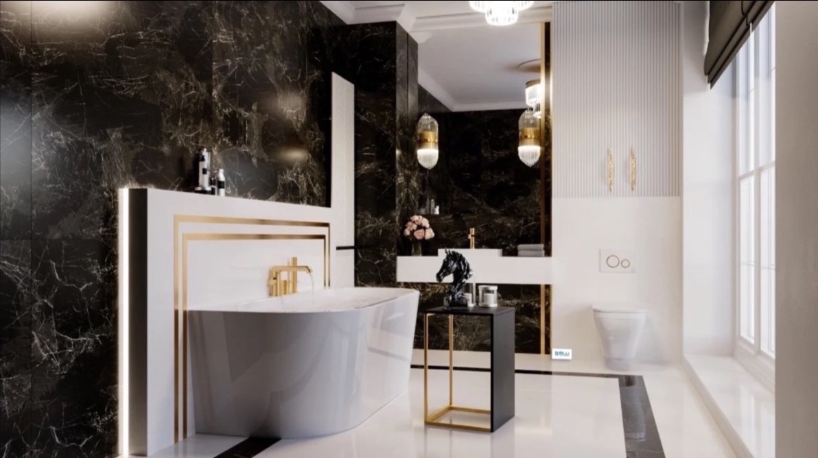 Elegancka łazienka z czarnym marmurem, białą armaturą i złotymi akcentami. Wanna wolnostojąca, designerskie oświetlenie, minimalistyczny wystrój.
