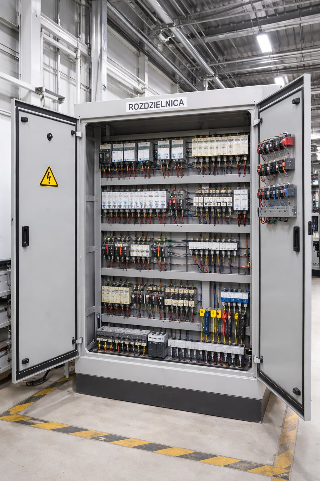 Otwarta szara rozdzielnica elektryczna z licznymi zabezpieczeniami, przekaźnikami i okablowaniem w hali przemysłowej. Widoczny znak ostrzegawczy.