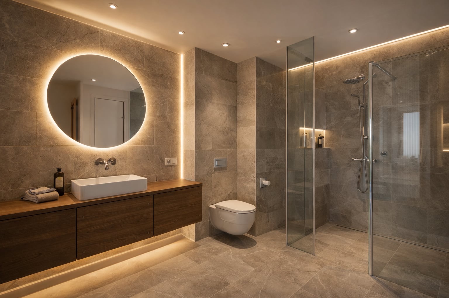 Nowoczesna łazienka z okrągłym lustrem podświetlanym LED, drewnianą szafką pod umywalką i kabiną prysznicową ze szklanymi ściankami. Stonowana kolorystyka płytek.