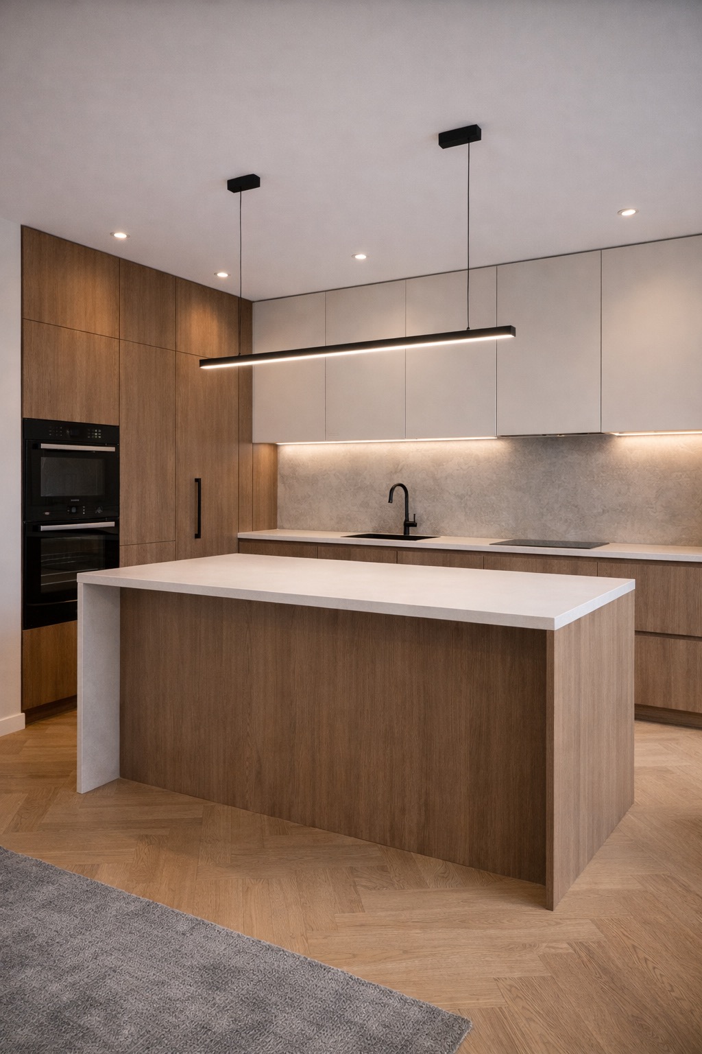 Nowoczesna kuchnia z drewnianymi szafkami, białym blatem i podłużną lampą LED. Parkiet w jodełkę i szary dywan dodają elegancji. Minimalistyczny design.