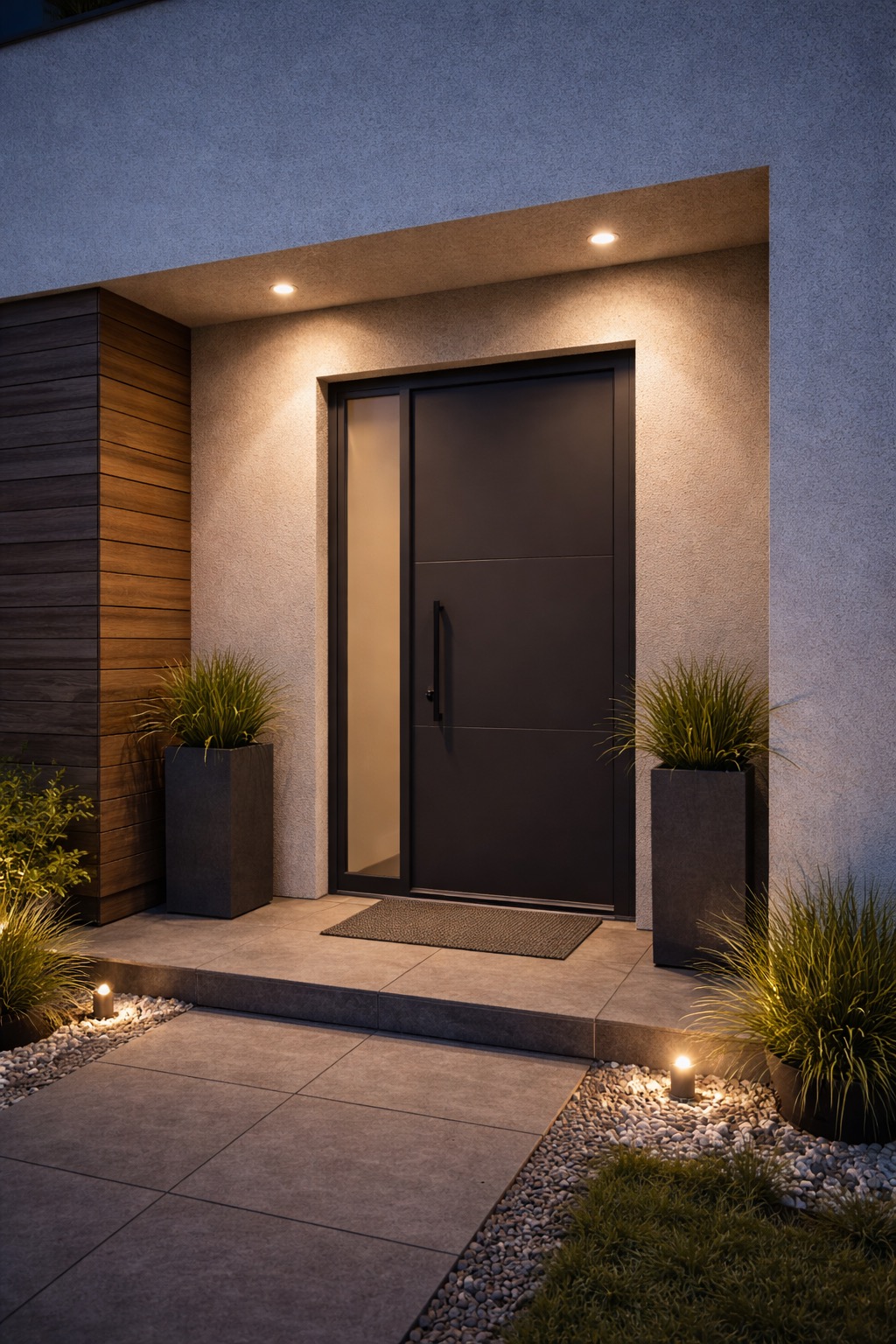 Nowoczesne wejście do domu z antracytowymi drzwiami z przeszkleniem, oświetleniem punktowym i roślinami w donicach. Minimalistyczny design, ciepłe światło.