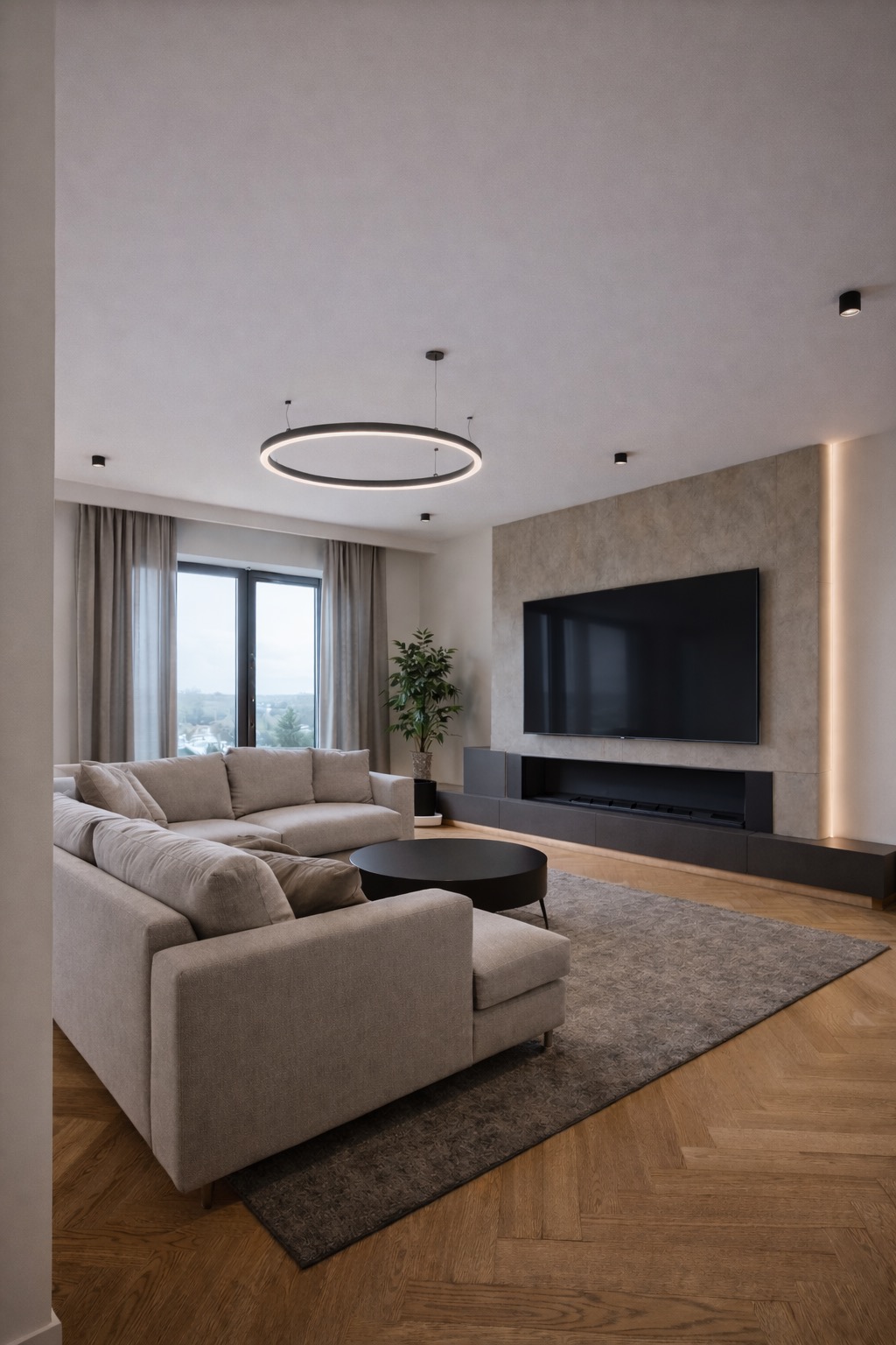 Nowoczesny salon w Rzeszowie z oświetleniem punktowym i okrągłą lampą wiszącą nad sofą. Telewizor wkomponowany w ścianę z podświetleniem LED.