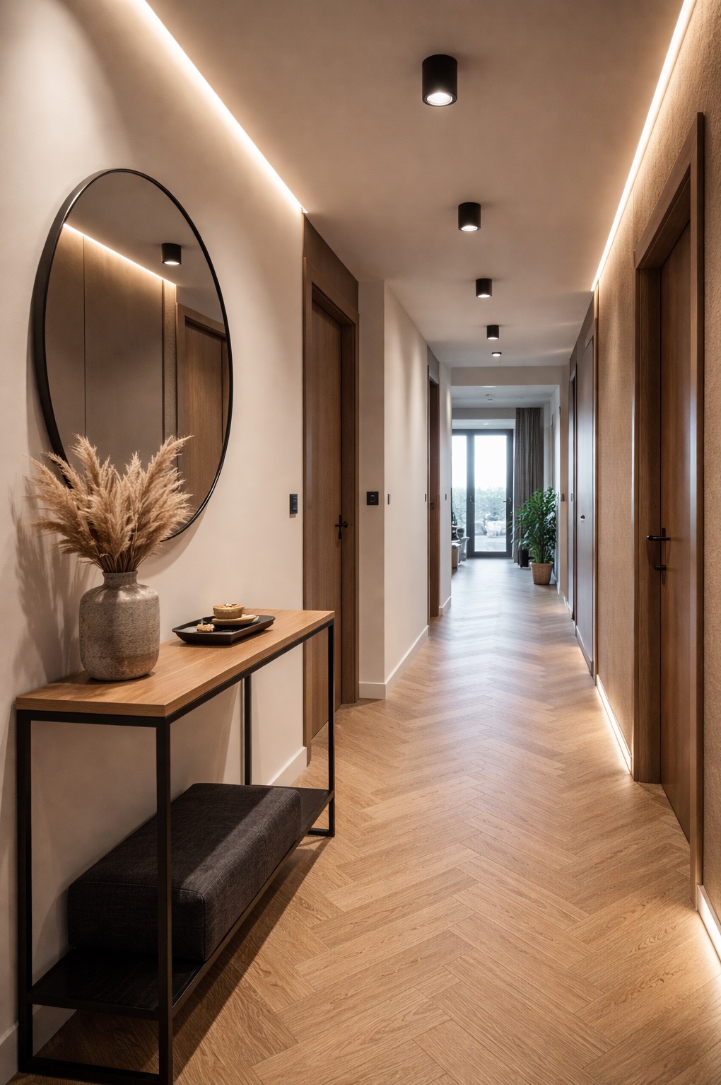 Nowoczesny korytarz z oświetleniem LED, lustrem w czarnej ramie, konsolą z dekoracjami i parkietem ułożonym w jodełkę. Minimalistyczny design z akcentami drewna.