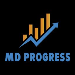 Logo firmy MD Progress na czarnym tle. Wykres słupkowy wzrostu z niebieską strzałką skierowaną w górę. Nazwa firmy w kolorze niebieskim, nowoczesny font.